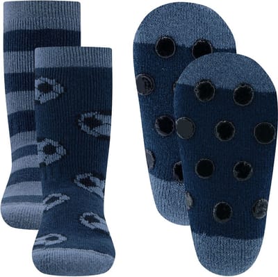 Ewers Antislipsok - 2-Pack - Voetballen & Strepen - Blauw & Grijsblauw - Antislipnopjes - maat 19/22