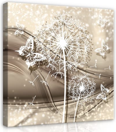 Canvas Schilderij - Bloemen - Vlinders - Paardenbloem - Planten - Inclusief Frame - 80x80cm (lxb) - Wit