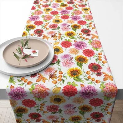 Tafelloper - Runner - 40 x 150 cm - 100 % katoen - Tafelloper met bloemen - Dahlias -