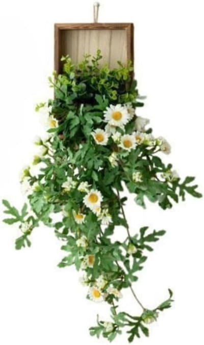 KZQ Hangende Kunstplanten met Houten Frame Witte Nepmargrietjes Wanddecoratie voor Woonkamer Keuken Badkamer Slaapkamer Thuiskantoor