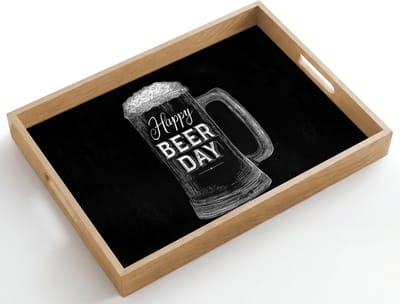 Dienblad hout 50x35 cm - Schootdienblad - Bierpul - Witte krijtletters - Happy beer day - Borrelplank rechthoek - Plateau dienbladen