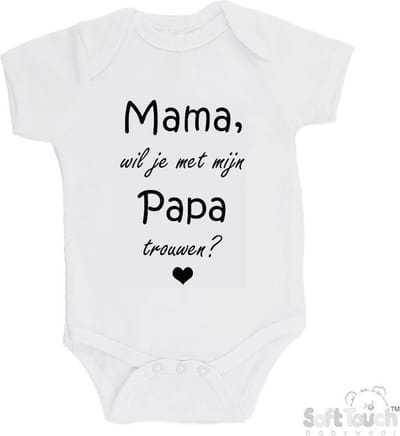 100% katoenen Romper "Mama, wil je met mijn Papa trouwen?" Unisex Katoen Wit/zwart Maat 68/74