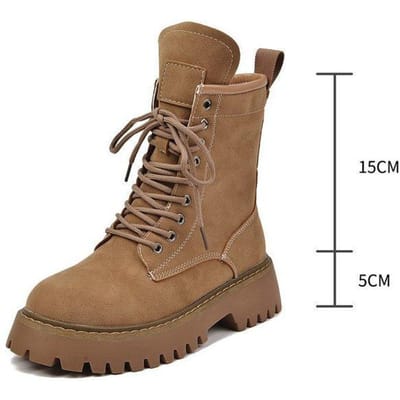 Bottes pour femmes Cuir suédé de vache Bottes de moto Chaussures à lacets Talon moyen Bottines pour femmes Automne Chaussures pour femmes Botas De Mujer 36 brown