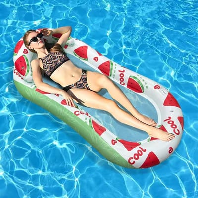 Watermeloen Opblaasbare Waterlounge (145×65cm) – Verkoelende Drijfmat met Net en Watermeloenprint, Perfect voor Zwembad en Strand