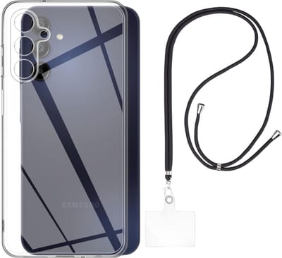 Set met hoesje en nekband voor Samsung Galaxy a15 - Flexibele, transparante TPU-bescherming, verstelbare universele nekband voor mobiele telefoons, zwarte nekband, transparante draagriem van Phonillico®