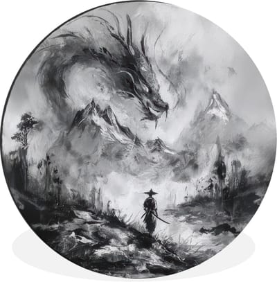 WallCircle - Wandcirkel - Muurcirkel - Krijger - Draak - Grijs - Aluminium - Dibond - 30x30 cm - Binnen en Buiten