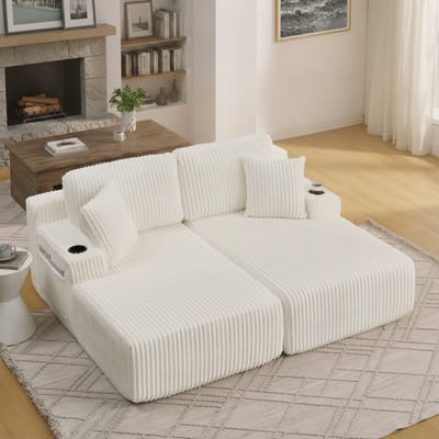 Slaapbank 2 persoons - 2-Zits Relaxbank - Slaapbank - Lounge Sofa - Zachte Corduroy Bekleding - Bekerhouder - Zijvak voor Tijdschriften - Inclusief Kussens - Multifunctioneel - Beige
