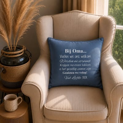 Sierkussen Kussen met tekst bedrukt cadeau | Regels voor Bij Oma Thuis | blauw met opdruk wit met vulling | 50x50 cm | verjaardag moederdag sinterklaas kerstmis hoera jullie worden grootouders zwangerschapsaankondiging