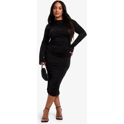 boohoo Dames Plus Double Slinky Knoop Detail Gerimpelde Midaxi Jurk | Zwart | Maat: 56