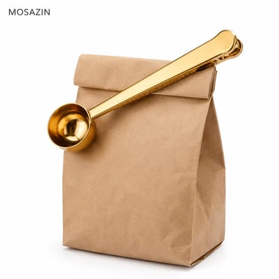 MOSAZIN Koffieschepje met Clip – Gouden Maatschepje – 2-in-1 Koffielepel en Afsluitclip – RVS – Voor Koffie, Thee, Suiker en Havermout – 1 Stuk