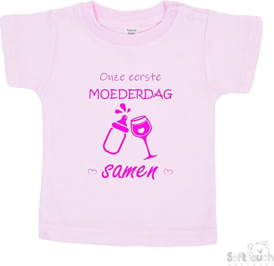 Soft Touch T-shirt Shirtje Korte mouw "Onze eerste moederdag samen!" Unisex Katoen Roze/fluor pink Maat 62/68