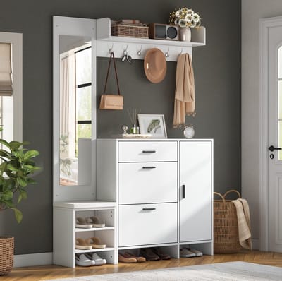 HAUSS SPOLE Schoenenkast - Met Spiegel, Haken En Opbergbank - Multifunctioneel Voor Hal En Entree - MDF - 140x30x200 Cm - Wit