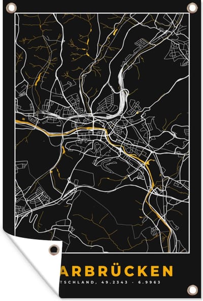Muurdecoratie Saarbrücken – Stadskaart – Gold – Plattegrond – Stadskaart – Kaart - Duitsland - 120x180 cm - Tuinposter - Tuindoek