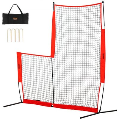 VEVOR L-type voor Slagkooi 240 x 106 x 214 cm Honkbal- en Softbal Veiligheidsparaplu Lichaamsbescherming Draagbare Slagparaplu met Draagtas en Grondpalen, Buitenhonkbal Pitching Net Rood