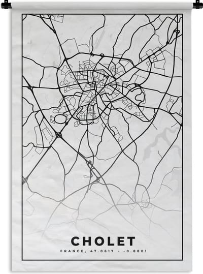 Wandkleed - Wanddoek - Kaart - Plattegrond - Frankrijk - Cholet - Stadskaart - Zwart wit - 120x180 cm - Wandtapijt