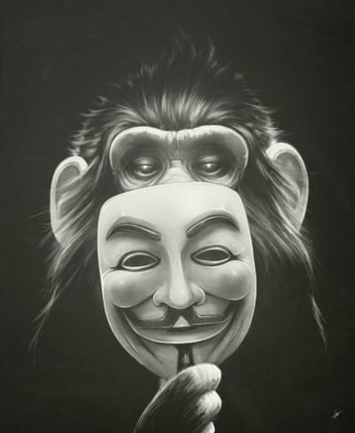 Allernieuwste.nl® Canvas Schilderij La Casa De Papel - Aap met Masker - Dieren - Kunst - Poster - 40 x 60 cm - Zwart Wit