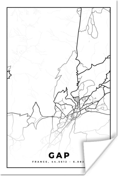 Poster Frankrijk – Kaart – Plattegrond – Gap - Stadskaart - Zwart wit - 120x180 cm XXL