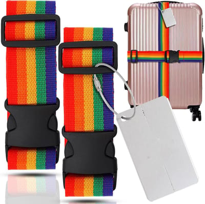 Famanu – Kofferriemen - 4 stuks + 2 kofferhangers - vliegreizen - verstelbare kofferriem - 2 kleurrijke kofferbanden - opvallende kofferriem voor snel identificeren en beschermen van je bagage (4 stuks)