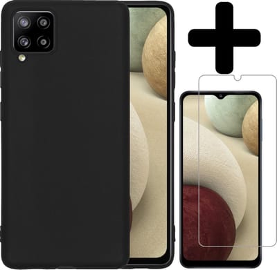 Hoesje - Met Screenprotector - Geschikt voor Samsung Galaxy A12 - Sterk & Shockproof - Back Cover - Siliconen Case - Telefoon Hoes - Telefoonhoesjes - Zwart