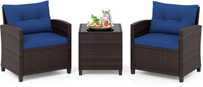 COSTWAY Tuinset van rotan, 3-delige balkonset bestaande uit 2 fauteuils, kussens en een tafel met blad van gehard glas, kleine balkonset, weerbestendige zitgroep voor 2 personen (pauwblauw)