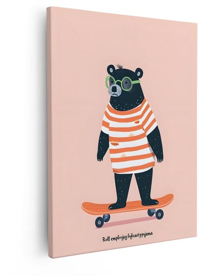Artaza Canvas Schilderij Beer Op Skateboard - 80x100 cm - Wanddecoratie Kinderkamer - Muurdecoratie Jongenskamer - Decoratie Cartoon Dieren