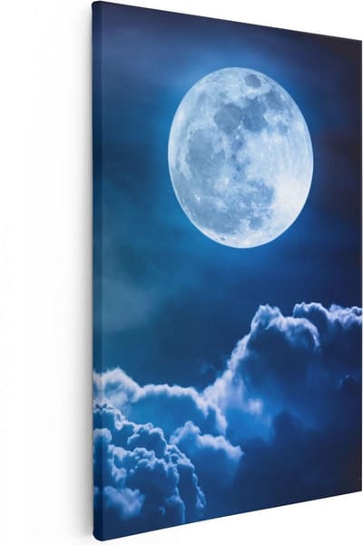 Artaza Canvas Schilderij Volle Maan - 20x30 cm - Klein - Wanddecoratie Sterrenhemel - Schilderijen Op Canvas Natuur - Kamer Accessoires Blauw