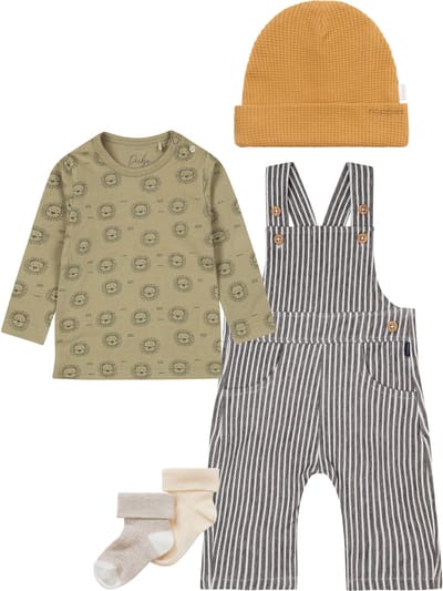 Noppies - Kledingset- 5 delig - Tuinbroek Gauchi Stripe - Shirt Mosgroen - Muts Mebane Oker - 2 paar sokjes Breese - Maat 86