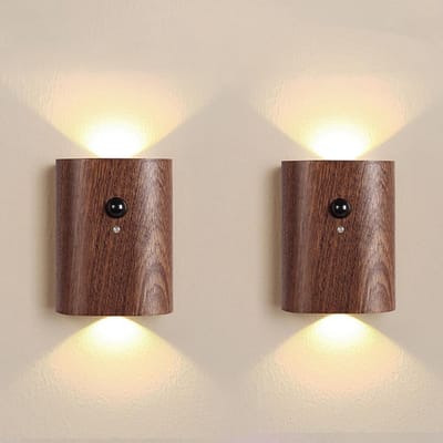 Daity Slimme nachtlamp met trapverlichting - 2-pack - Oplaadbare trapverlichting met bewegingssensor - 2700K warmwitte LED - walnoot - voor beveiliging in de gang en slaapkamer