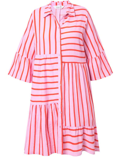 MIAMODA - Dames - Mousseline jurk A-lijn strepenmix ongelijke volants - Roze - Maat 46