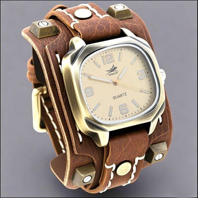 Vintage Klinknagels Echt Leer Heren Kwarts Horloge Met Handgestikte Brede Leren Band Punk Hip Hop Stijl beige