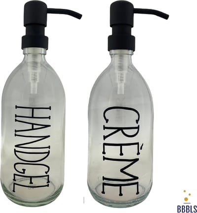 BBBLS® Design Dispenser Giftset "Handgel Zeep" | Transparant Kunststof | 500ml | RVS / Metaal Pomp Zwart | Zeeppomp | Zeepdispenser | Zeephouder