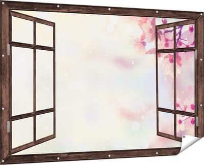 Gards Tuinposter Doorkijk Roze Bloesemboom met Zonneschijn - 180x120 cm - Tuindoek - Tuindecoratie - Wanddecoratie buiten - Tuinschilderij