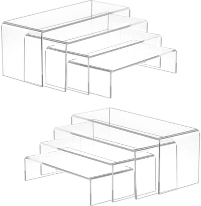 GELLDG 8 Stuks Trap Presentatiestander - Acryl Display Riser - Rechthoekige Tiered Stand - 4 Verschillende Maten - Verfijnd en Multifunctioneel - Geschikt voor Collectibles, Sieraden, Funko Pop, Speelgoed, Cupcakes en Desserts - Kunststof