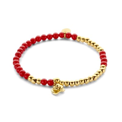 CO88 Collection 8CB-90842 Stalen Armband - Dames - Kralen - 4 en 4,5 mm Doorsnee - Staal en Rode jade - Roos - 17,8 cm Lengte - Rekarmband - Goudkleurig
