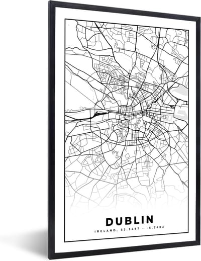 Fotolijst incl. Poster Zwart Wit- Dublin - Stadskaart - Zwart Wit - Plattegrond - Kaart - 40x60 cm - Posterlijst