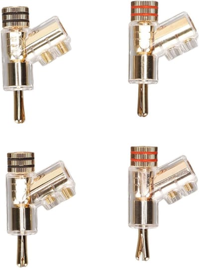 Set van 4 Vergrendelbare Bananenconnectoren met 45 Graden Hoek, 24K Vergulde Bananenpluggen voor Luidsprekers, Geschikt voor Draad met Maximaal 7mm Diameter