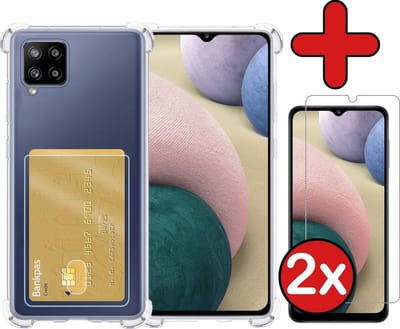 Hoesje - Geschikt voor Samsung Galaxy A12 - Met 2x Screenprotector - Pashouder - Kaarthouder - Back Cover - Telefoon Hoes Shockproof - Siliconen Case - Shock Proof - Pasjes Houder - Telefoonhoes - Transparant
