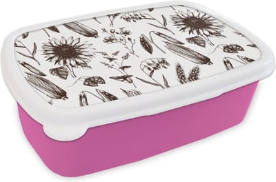 Broodtrommel Roze - Lunchbox - Brooddoos - Patroon - Planten - Zwart - Wit - 18x12x6 cm - Kinderen - Meisje