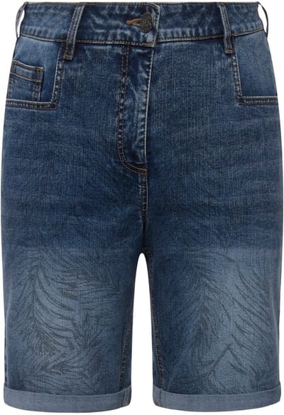 Ulla Popken - Dames - Capri Mandy palmenmotief wijde pijpen - Blauw denim - Maat 42