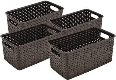Opbergmand 5L Set van 4 – Mandjes Riet Look – Opbergmand Kunststof 28x15x13 cm – Opbergbox en Opbergdozen – Keukenkast Organizer – Kledingkast Organizer