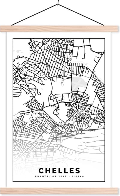 Posterhanger incl. Poster 40x60 cm - Schoolplaat - Frankrijk - Chelles - Stadskaart - Plattegrond - Kaart - Zwart wit - Textielposter - Blanke latten - Stadskaart