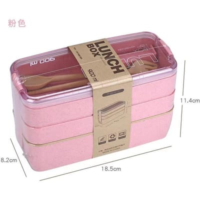 Boîte à déjeuner carrée en plastique de fibre de paille de blé à trois couches boîte à déjeuner adulte étudiant avec boîte de vaisselle rose