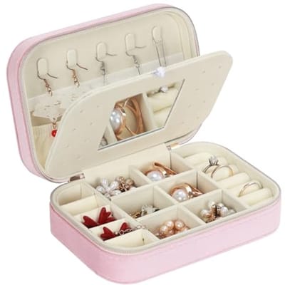 Sieradendoosje voor op reis - Flanellen sieradenkistje met spiegel - Klein sieradenopslag voor dames en meisjes - Perfect voor ringen, oorstekers, armbanden en halskettingen - Roze