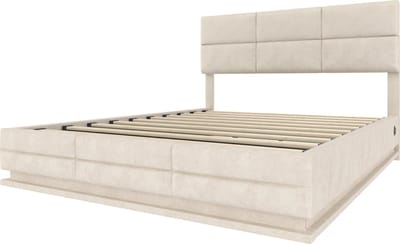 Modern bed van 140x200 cm met fluwelen bekleding en verstelbaar hoofdeinde - Inclusief USB/Type-C-poort, LED-sfeerverlichting, hydraulisch liftsysteem en extra grote opbergruimte (matras niet inbegrepen) - Beige
