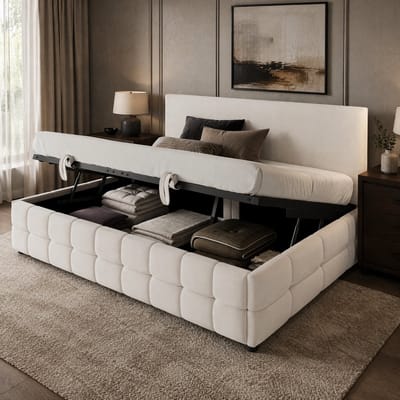 HAUSS SPOLE Gestoffeerd Bed 90x200 cm - Eenpersoons Slaapbank met Hydraulische Opbergruimte en Rugleuning - Fluweel - Beige - Zonder matras
