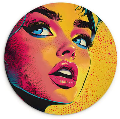 WallCircle® Wandcirkel 120x120 cm - Muurcirkel Close-up - Vrouwengezicht - Stippen - Geel - Muurdecoratie woonkamer - Wanddecoratie slaapkamer - Kamer decoratie accessoires - Ronde schilderijen XXL