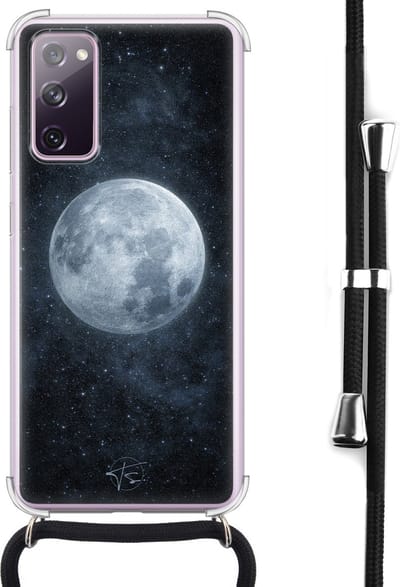 Hoesje met koord geschikt voor Samsung Galaxy S20 FE - Maan - Inclusief koord - Crossbody beschermhoes - Transparant, Blauw - Mooie Telefoonhoesjes