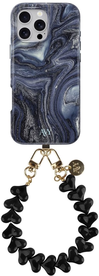 AVY Hoesje Met Telefoonkoord | Geschikt voor Apple iPhone 14 Pro Max | Compatibel met MagSafe | Hard Shell Back Cover | Stijlvol Bijpassend Koord 30CM | Marmer Hearts | Blauw