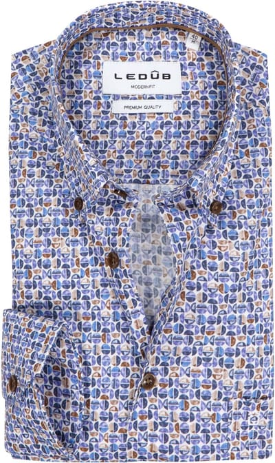 Ledub modern fit overhemd - mouwlengte 72 cm - popeline - blauw met wit en bruin dessin - Strijkvriendelijk - Boordmaat: 38 (EU maat: S)