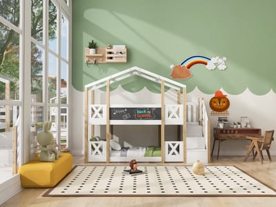MEUNIQ stapelbed 90 x 200 cm boomhut kinderbed met trap, opbergruimte, uitvalbeveiliging en 2 lattenbodems voor kinderkamer, wit en naturel